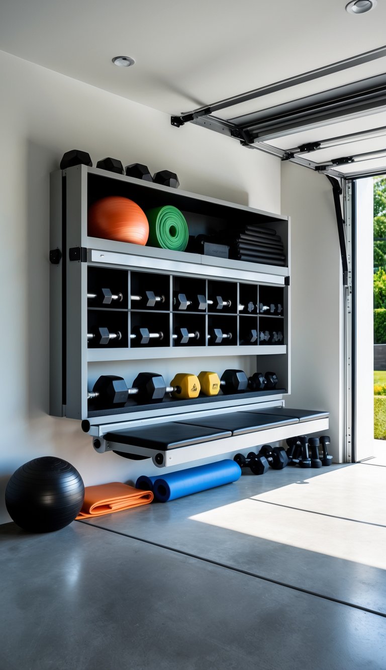 A garage gym with a fold-down wall-mounted bench that has storage compartments holding various gym equipment like dumbbells and resistance bands.