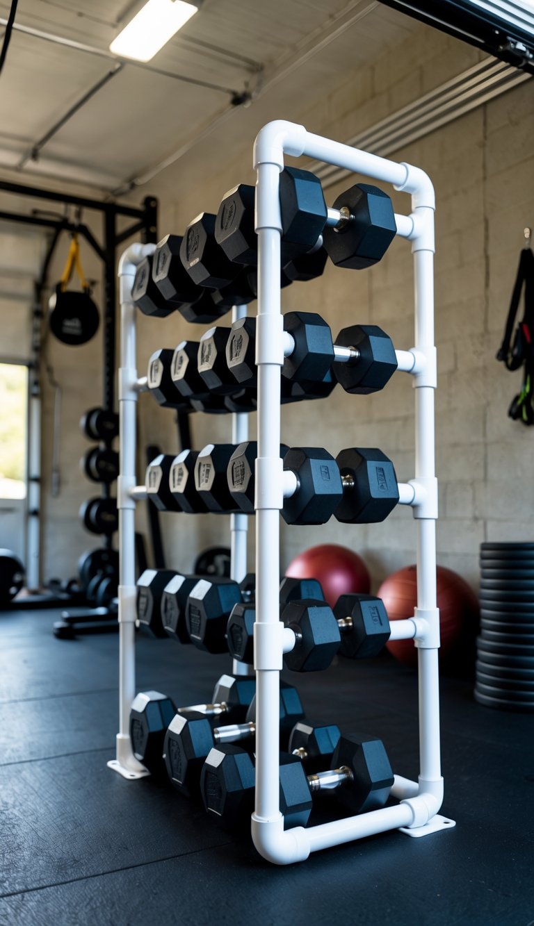 A garage gym with a DIY PVC pipe dumbbell holder neatly storing multiple dumbbells.