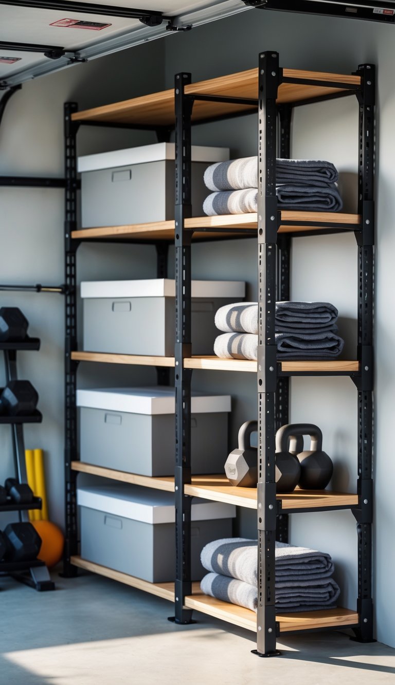 A corner of a garage gym with shelving units holding boxes and folded towels, with gym equipment visible nearby.