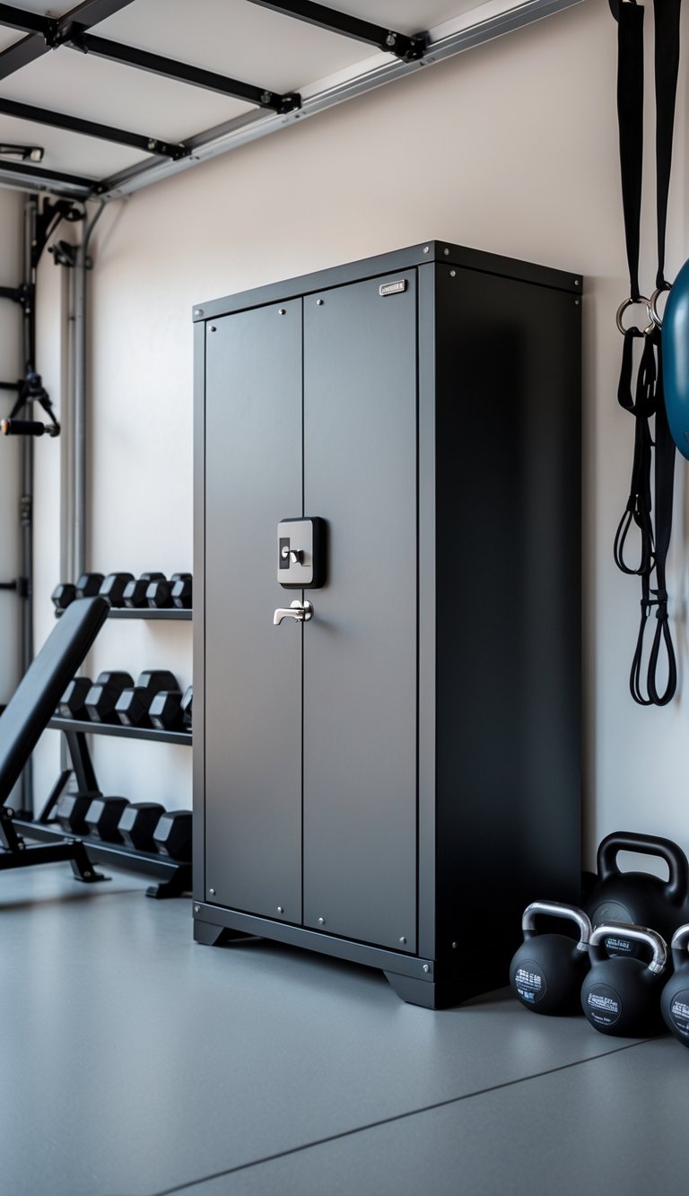 A lockable metal storage cabinet in a garage gym surrounded by various gym equipment like dumbbells and kettlebells.