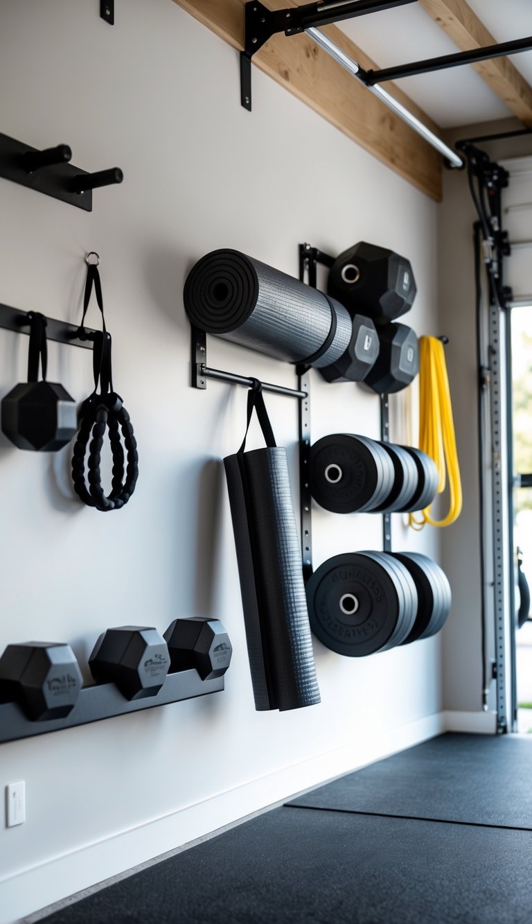 A garage gym with a workout mat hanging on a wall-mounted hanger surrounded by organized gym equipment and storage solutions.