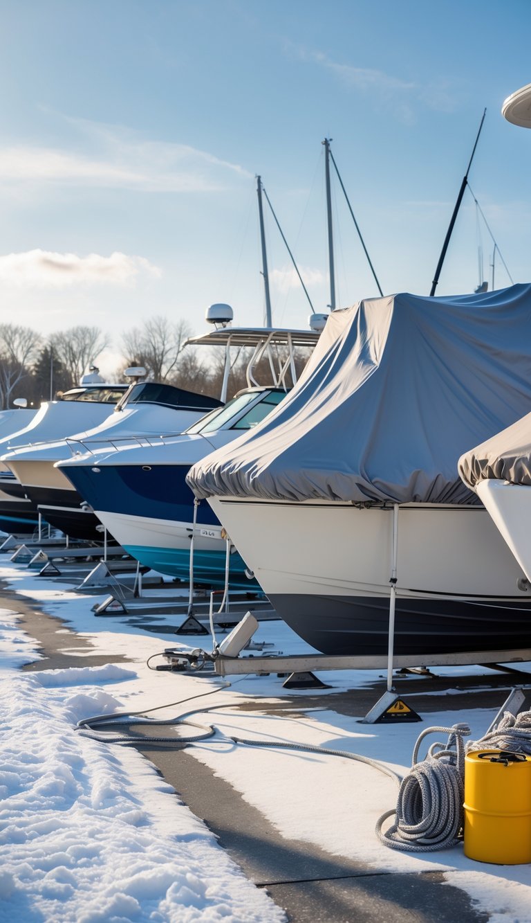 A winter marina with several boats covered and stored on stands and trailers, surrounded by light snow and winter supplies.