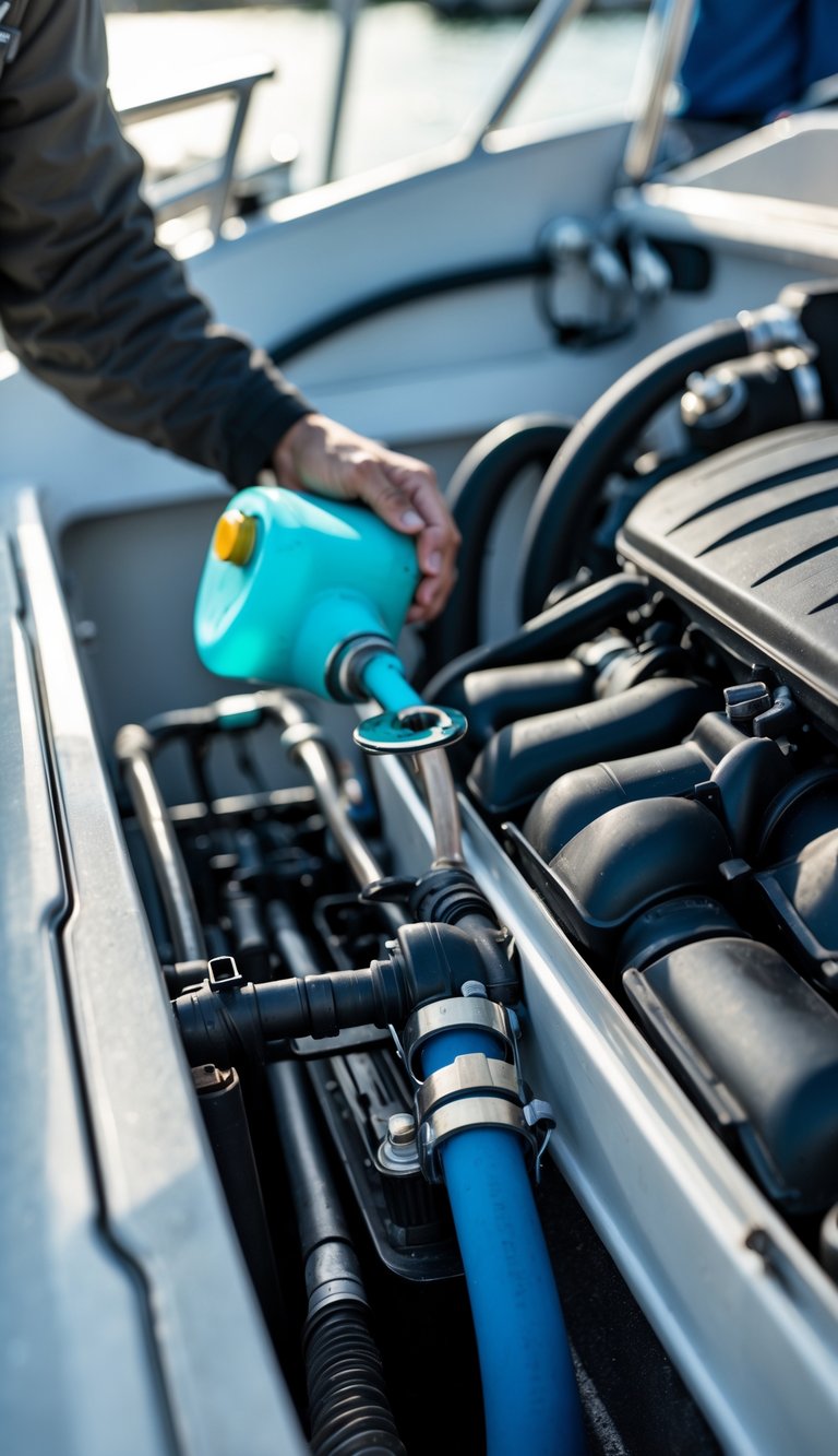Close-up of a boat engine cooling system being flushed with antifreeze during winter preparation.