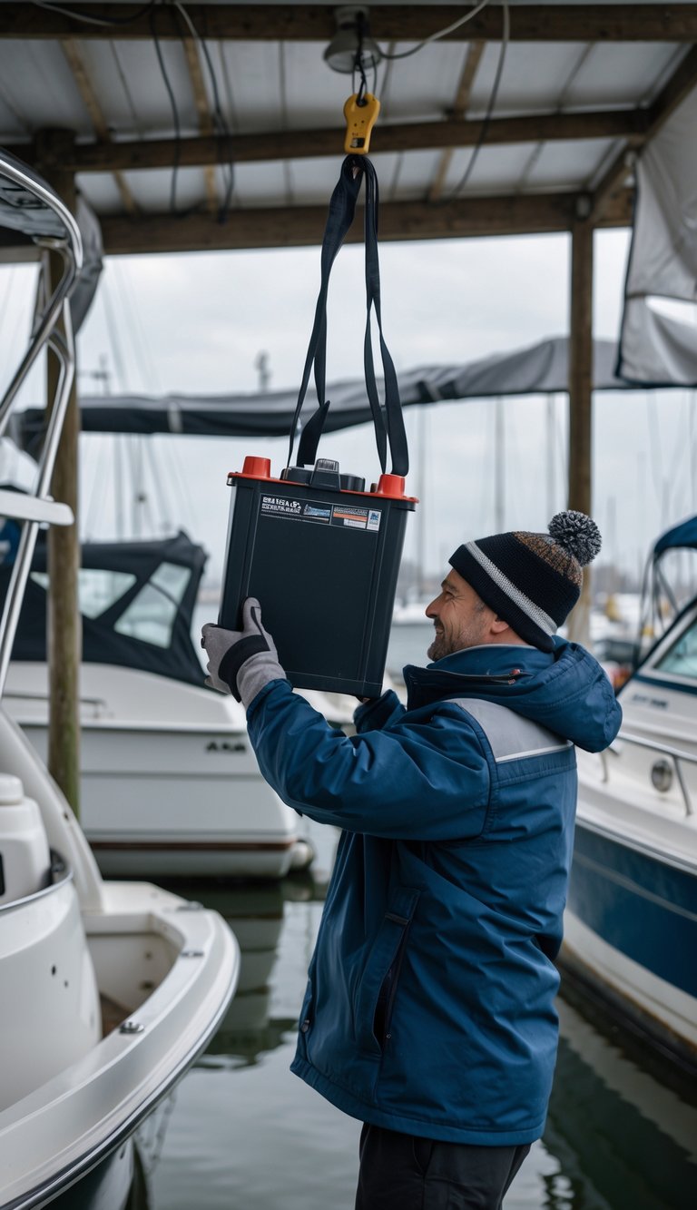 Person removing a boat battery and placing it indoors for winter storage near covered boats in a marina.