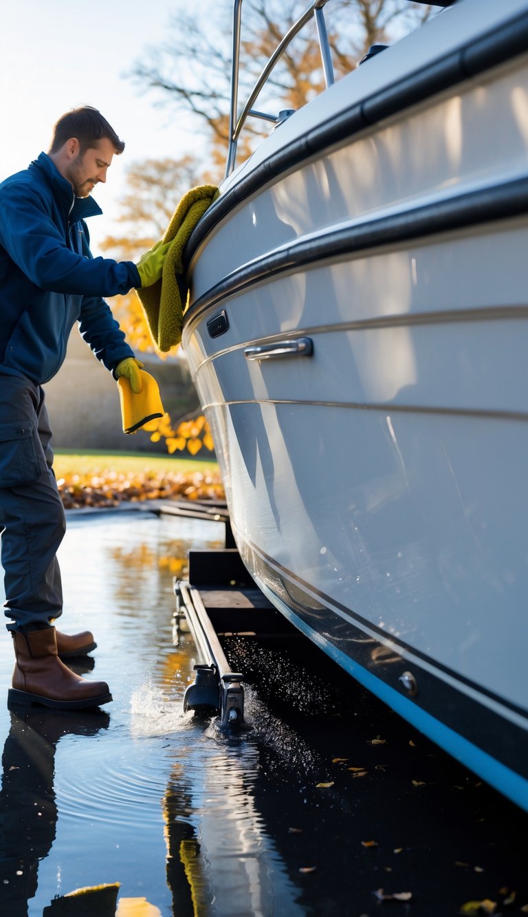 Person cleaning and drying the hull of a boat outdoors in preparation for winter storage.