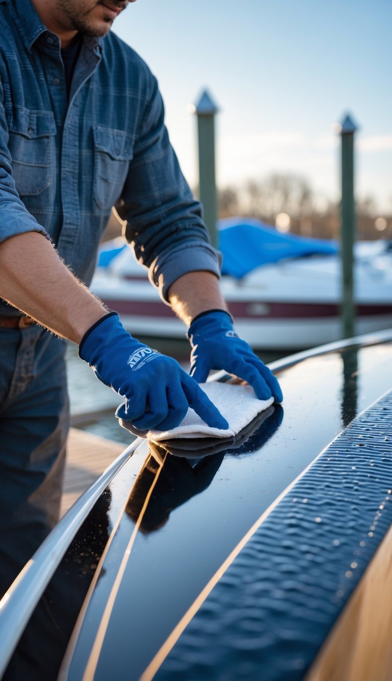 Person applying marine-grade wax to the painted surface of a boat outdoors near a dock.