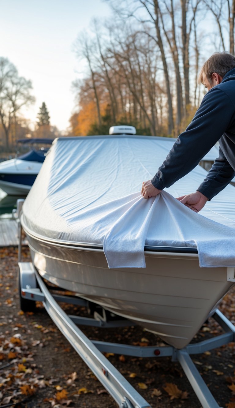 Person installing a breathable cover on a boat in an outdoor storage area surrounded by autumn leaves.