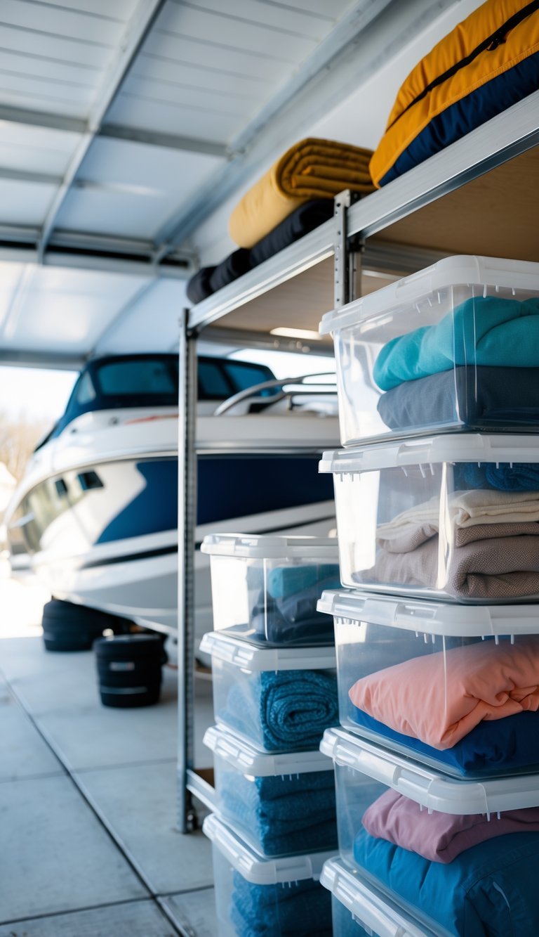 Neatly stacked sealed containers holding boat cushions and soft goods inside a clean storage area with a covered boat in the background.