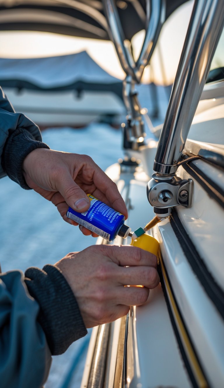 Hands lubricating metal hinges and moving parts on a boat during maintenance.