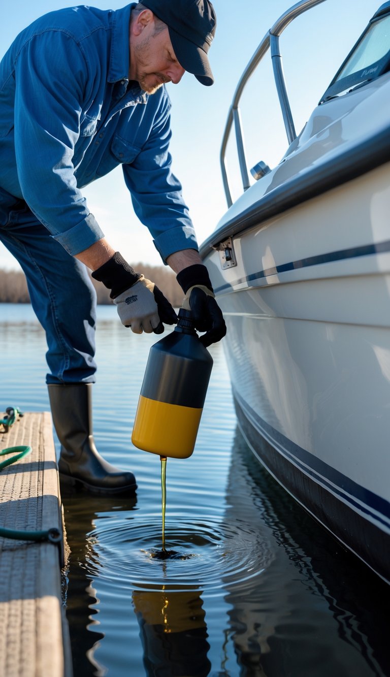 A person adding fuel stabilizer to a boat's fuel tank near a dock with calm water in the background.