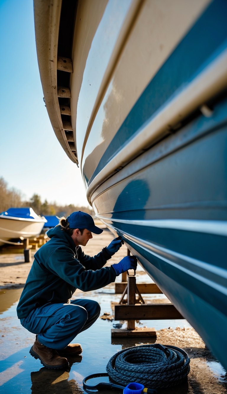 Person inspecting and repairing cracks on a boat hull in an outdoor storage area during late autumn.