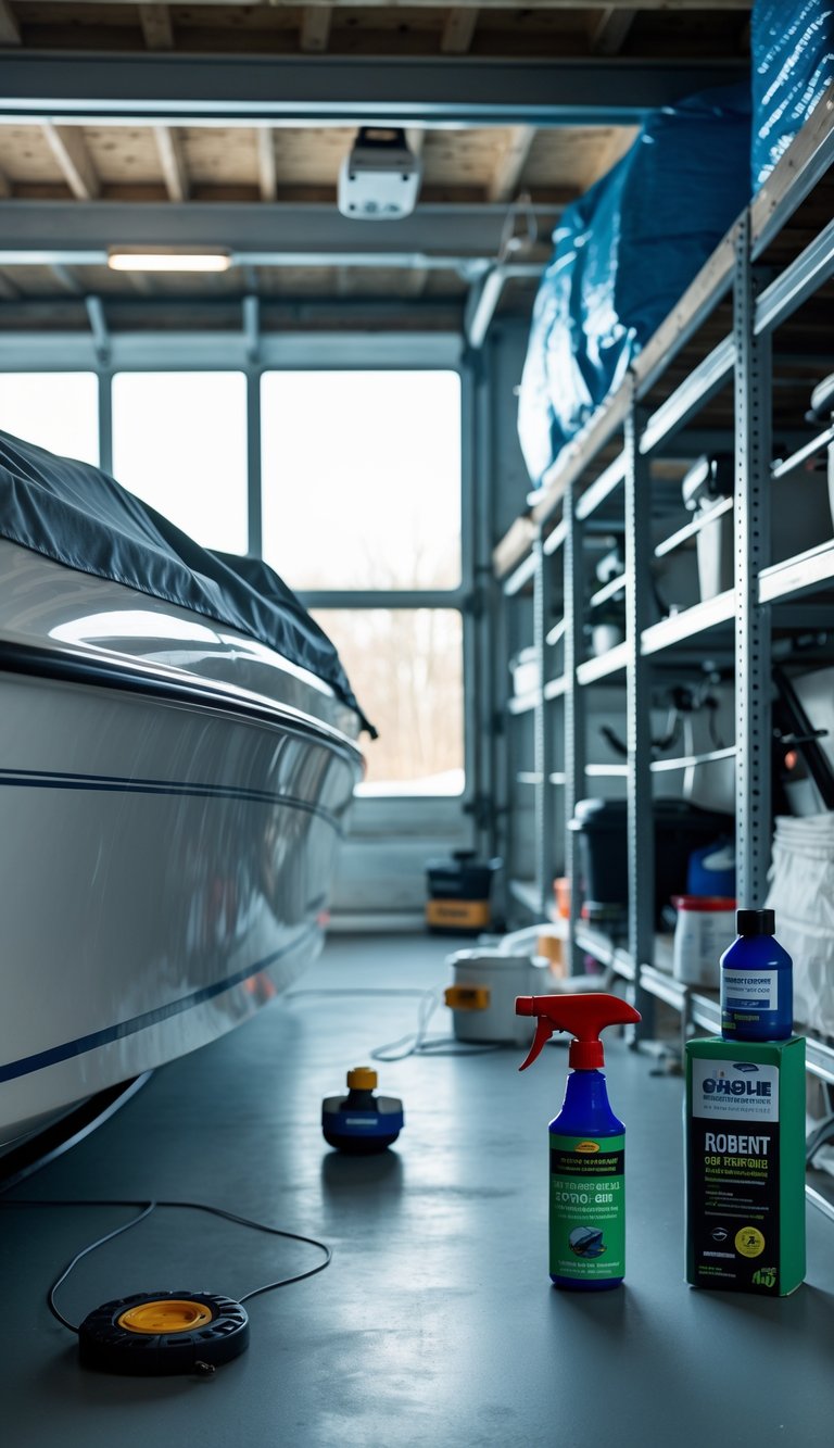 Indoor boat storage area with a covered boat and rodent repellent devices placed around to protect it during winter.