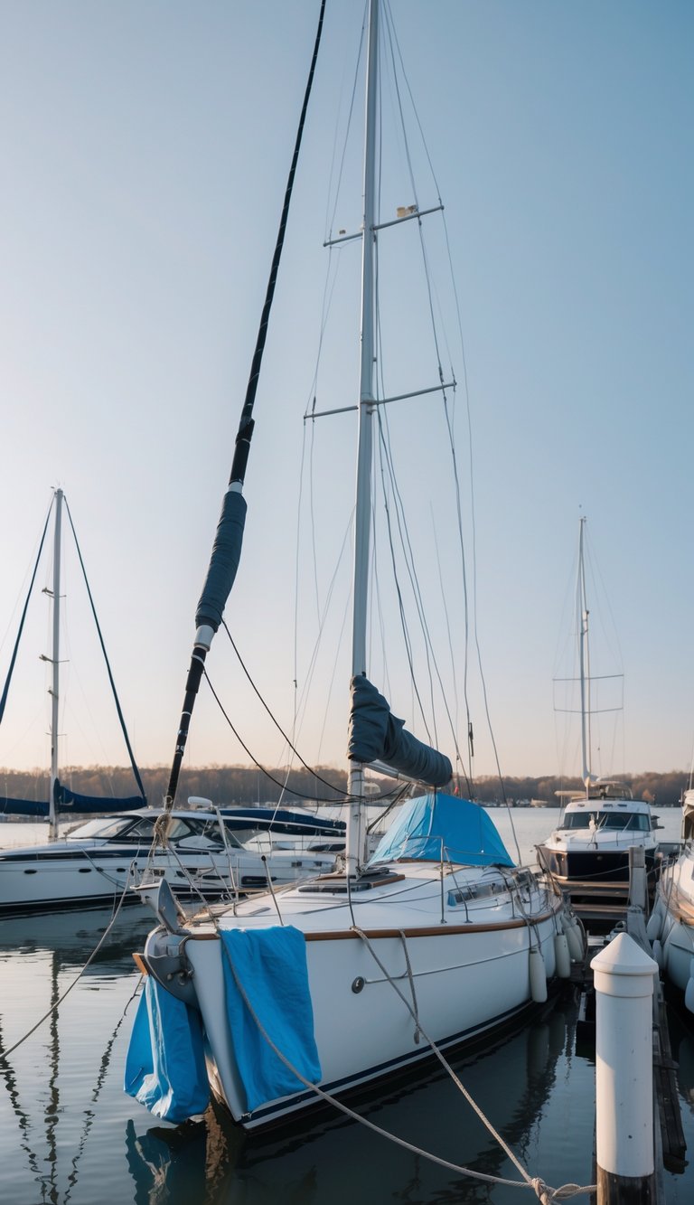 A sailboat docked in a marina with its mast and rigging secured and covered for winter storage.