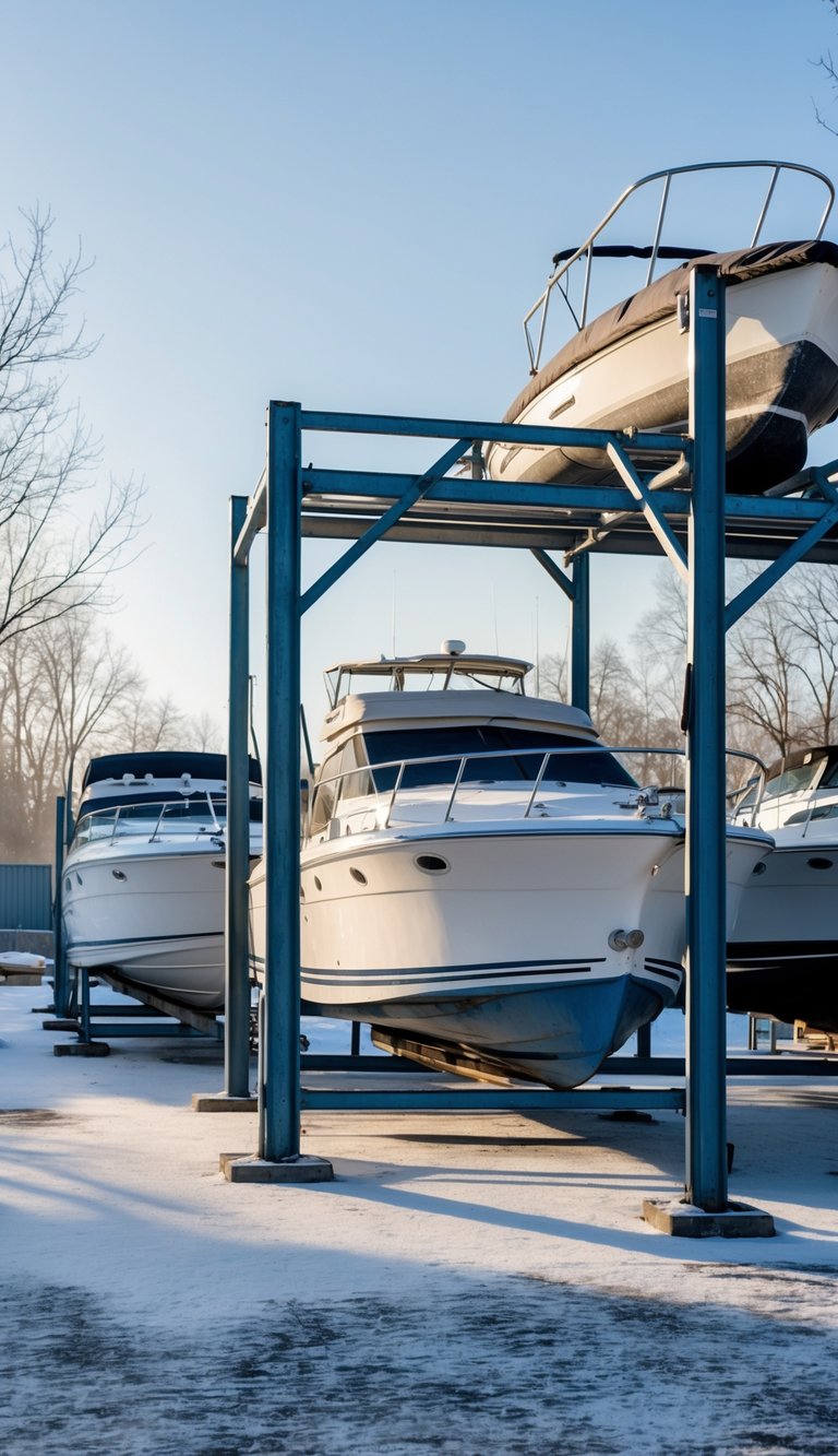 A boat stored on a dry rack outdoors in winter with protective covers and light snow on the ground.