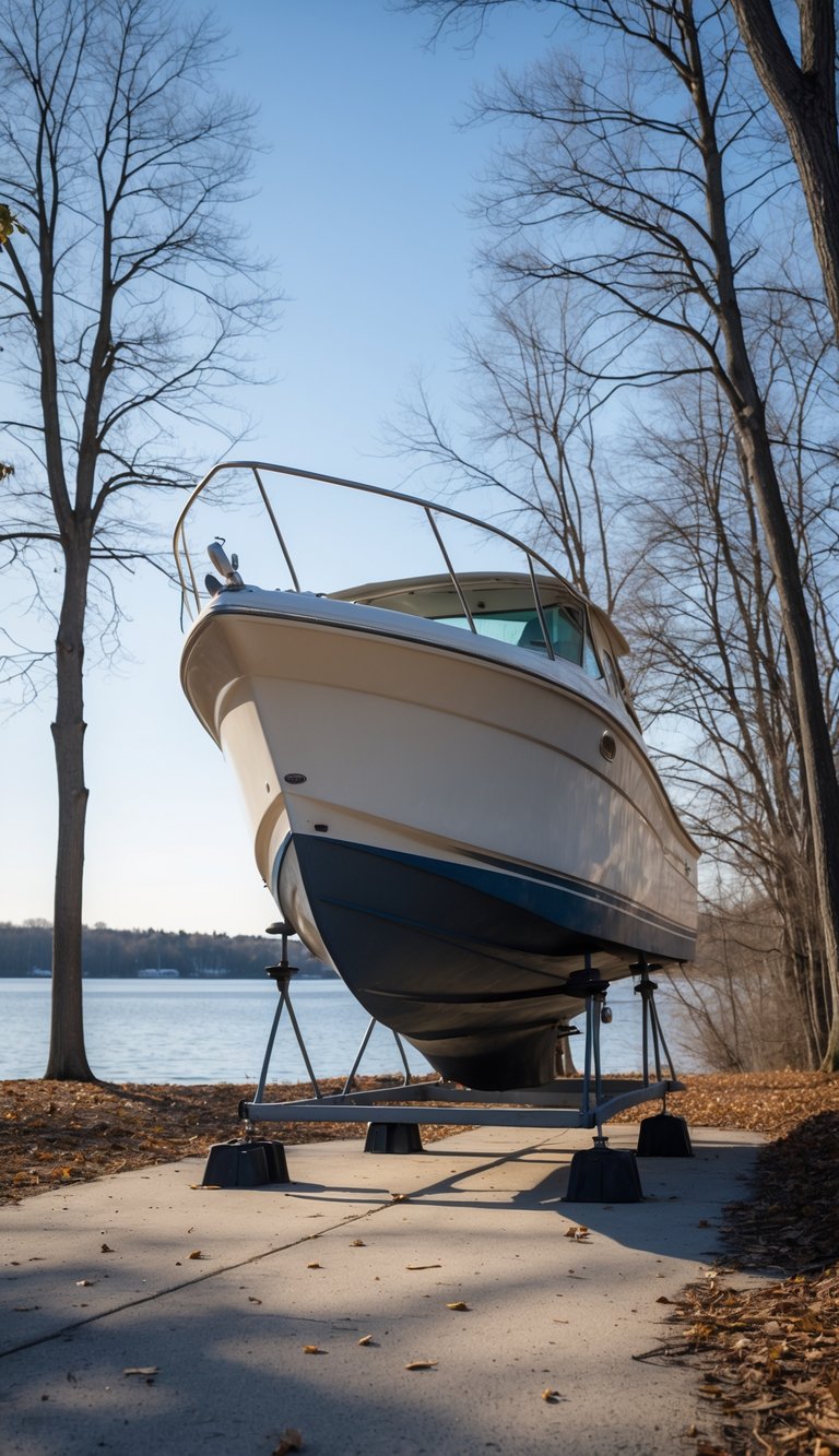 A boat elevated on stands outdoors in a natural setting with bare trees and a calm lake in the background.
