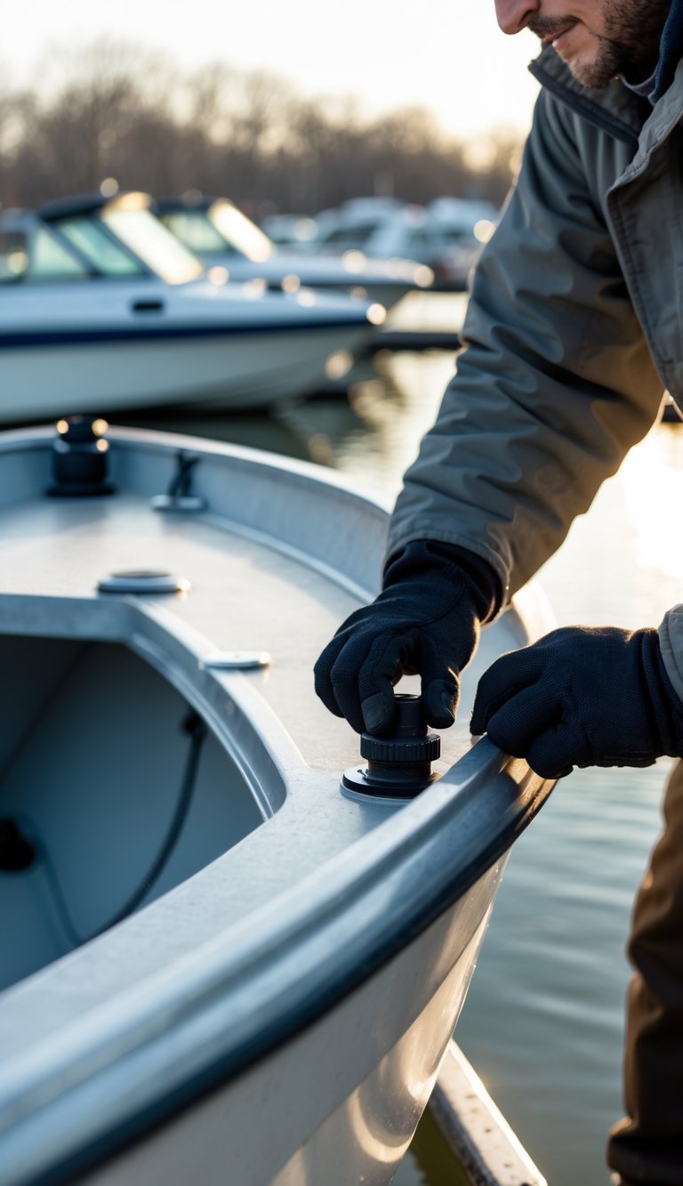 Person removing drain plugs from a boat outdoors near a marina in preparation for winter storage.