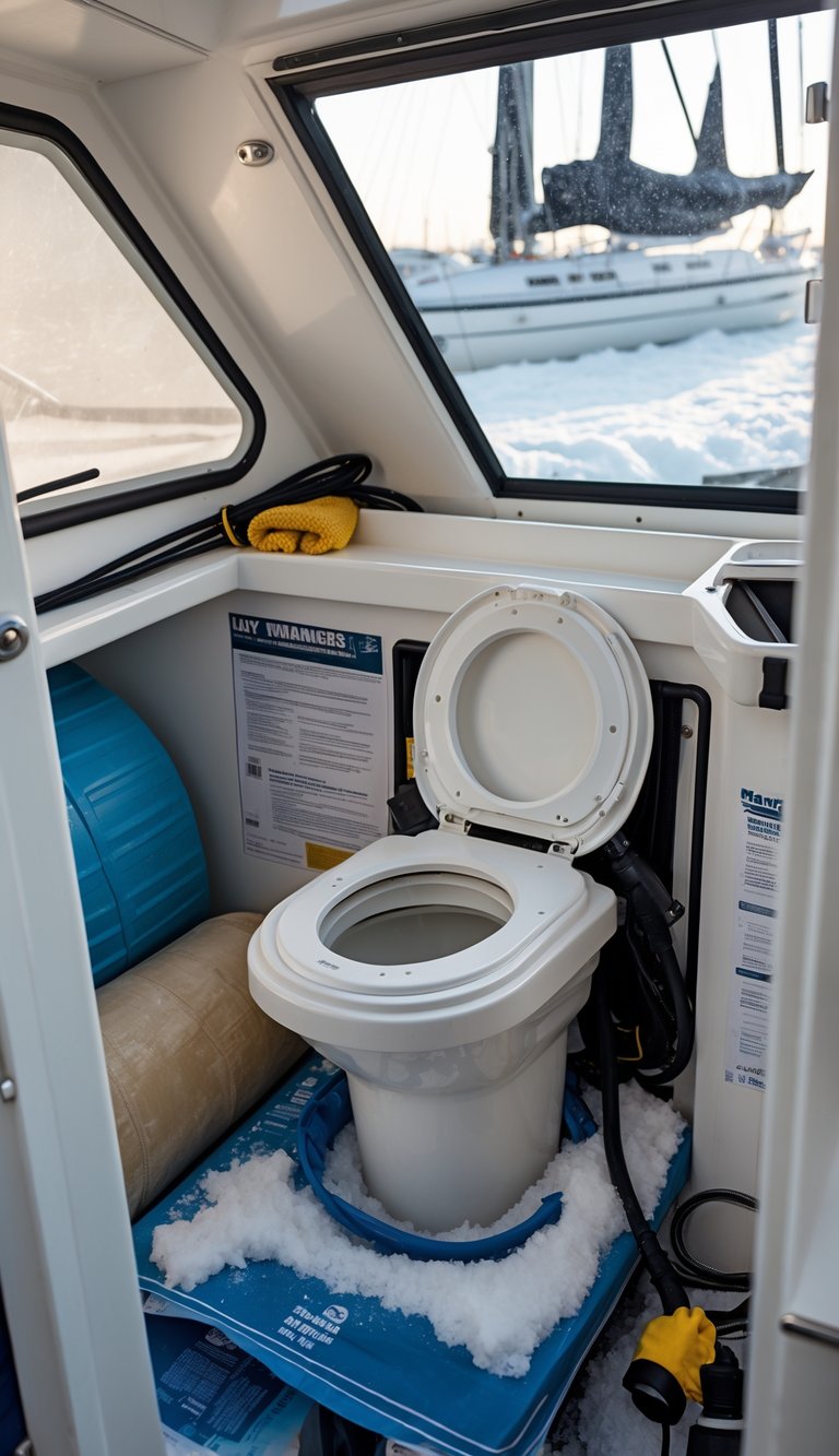Interior of a boat showing a marine toilet system protected with insulation and covers for winter storage, with a snowy marina visible outside.