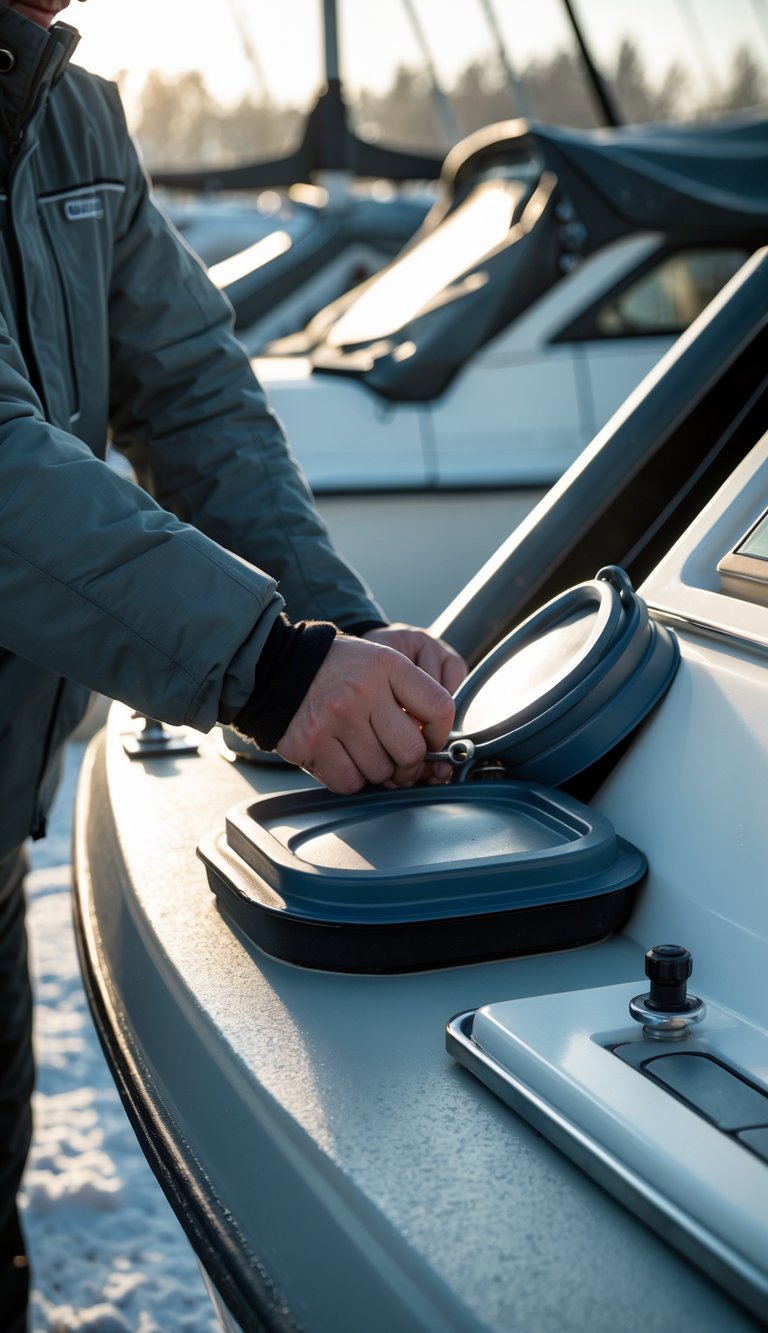 Close-up of a person sealing hatches and ports tightly on a boat prepared for winter storage in a marina.
