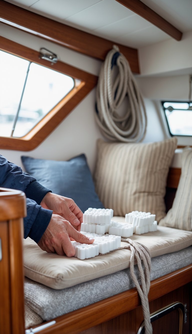 A hand placing desiccant packs inside a boat cabin to prevent moisture during winter storage.