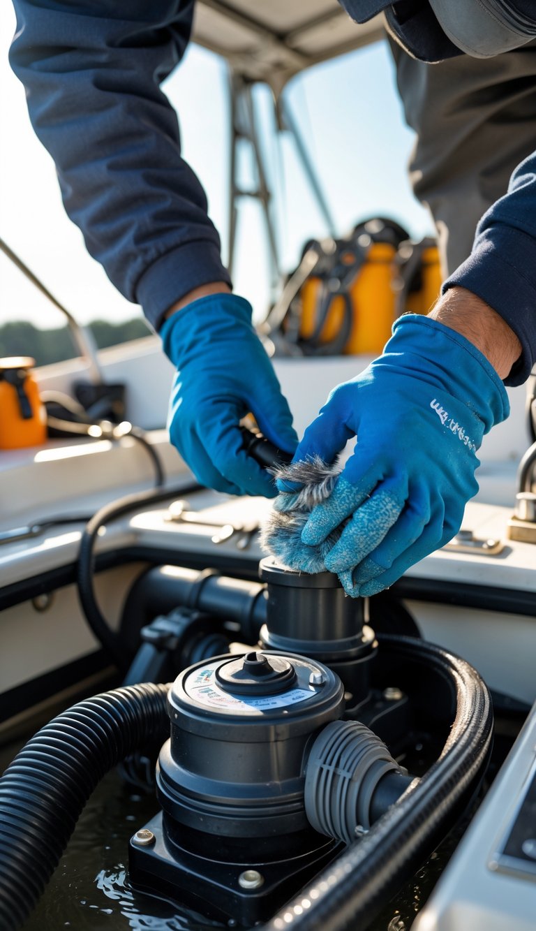 Person cleaning bilge pumps inside a boat, focusing on maintenance work.