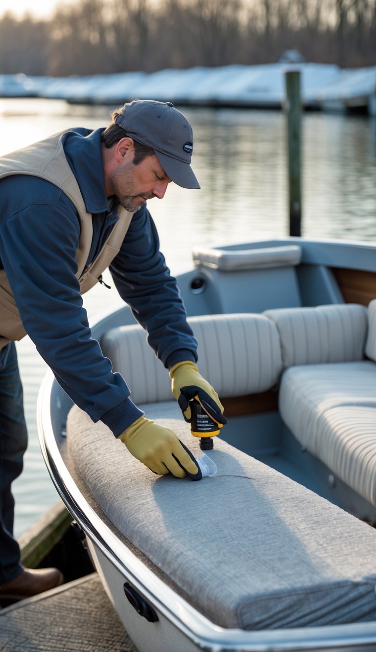 Person applying protective spray to a boat's canvas and upholstery near a dock in preparation for winter.