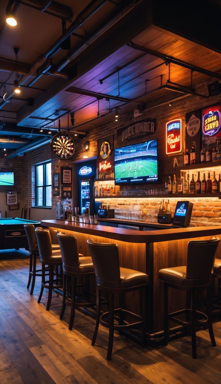 A man cave bar with a wooden bar counter, leather seating, a flat-screen TV, sports decorations, and a pool table.