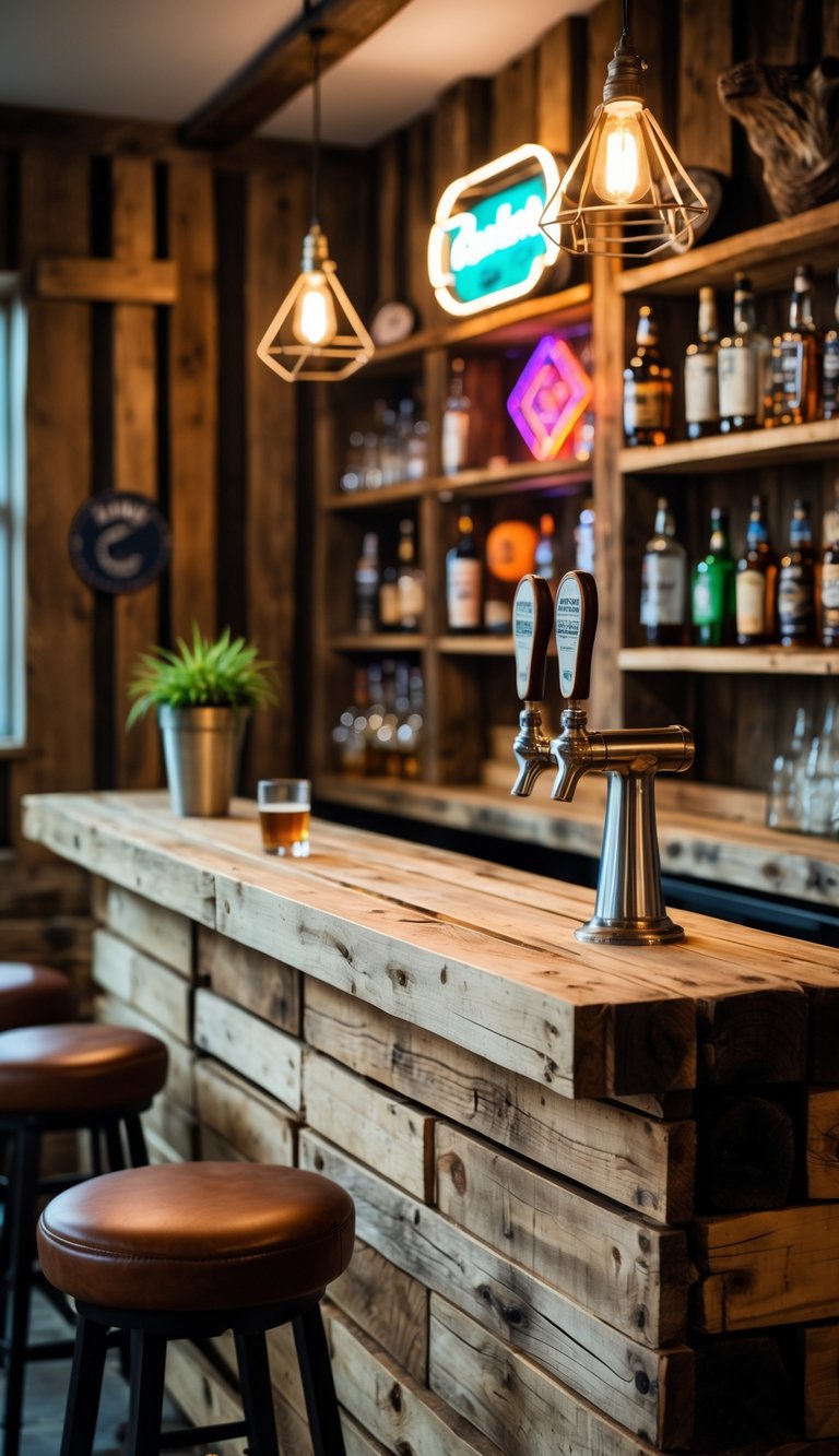 A rustic wooden bar with bottles and glasses, a bar stool, and shelves with liquor bottles and decorations in a cozy indoor setting.