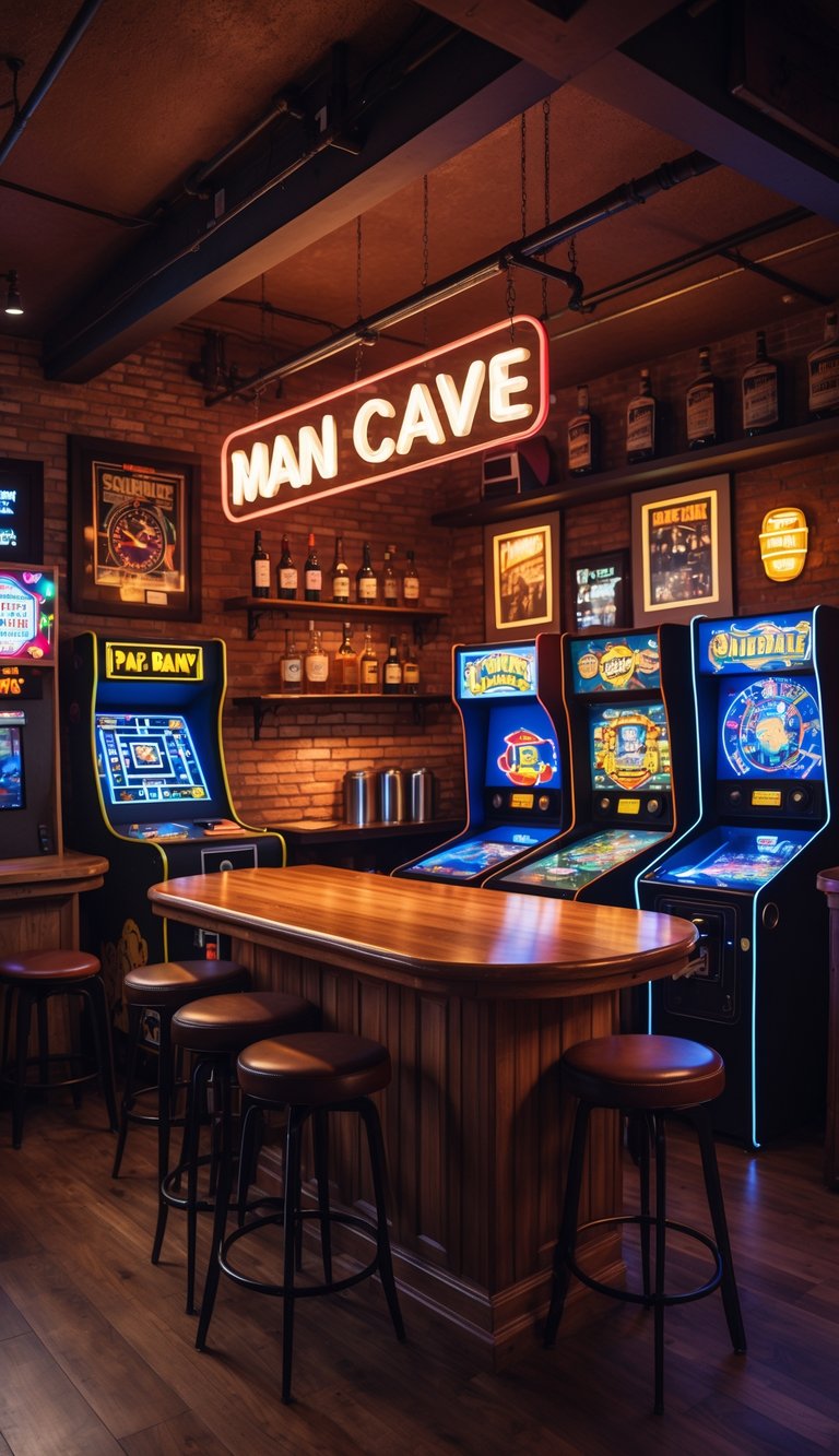 A cozy man cave bar corner with vintage arcade games, a wooden bar, leather seating, neon lights, and exposed brick walls.