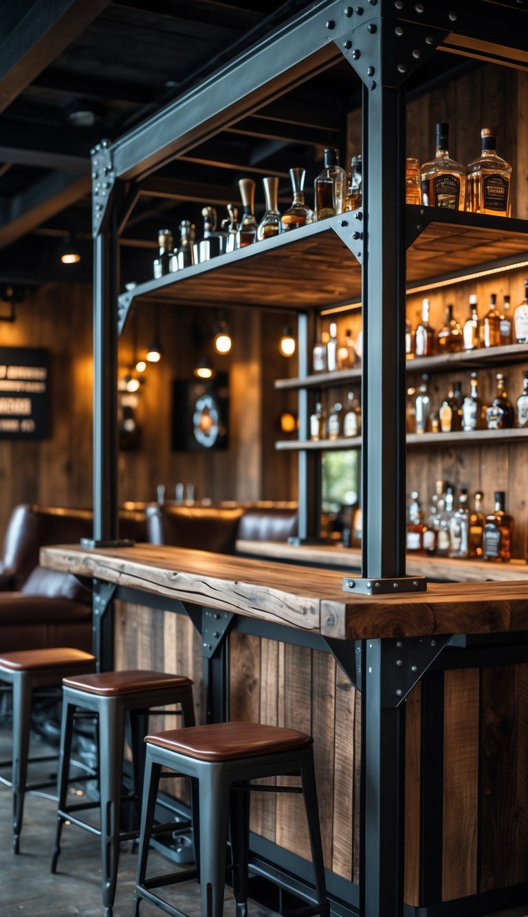 A metal and wood bar setup with bottles and glassware, surrounded by leather bar stools and cozy seating in a dimly lit room.
