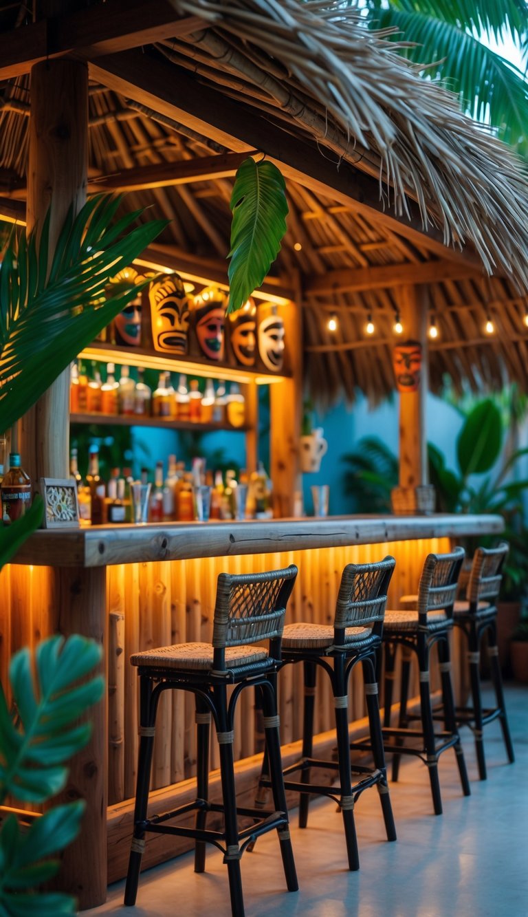 An inviting indoor bar area with a wooden counter, stools, and tropical decorations, creating a cozy hangout space.