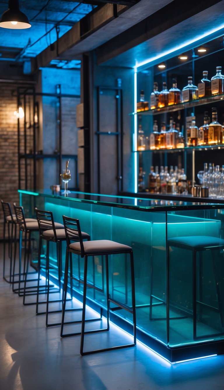 A modern glass bar with illuminated shelves of liquor bottles, bar stools, and a polished counter in a stylish indoor setting.