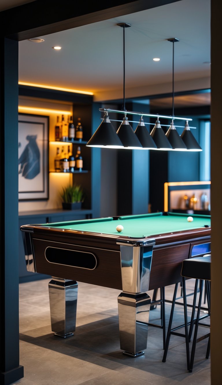 A pool table with built-in bar seating in a cozy room designed for socializing and entertainment.