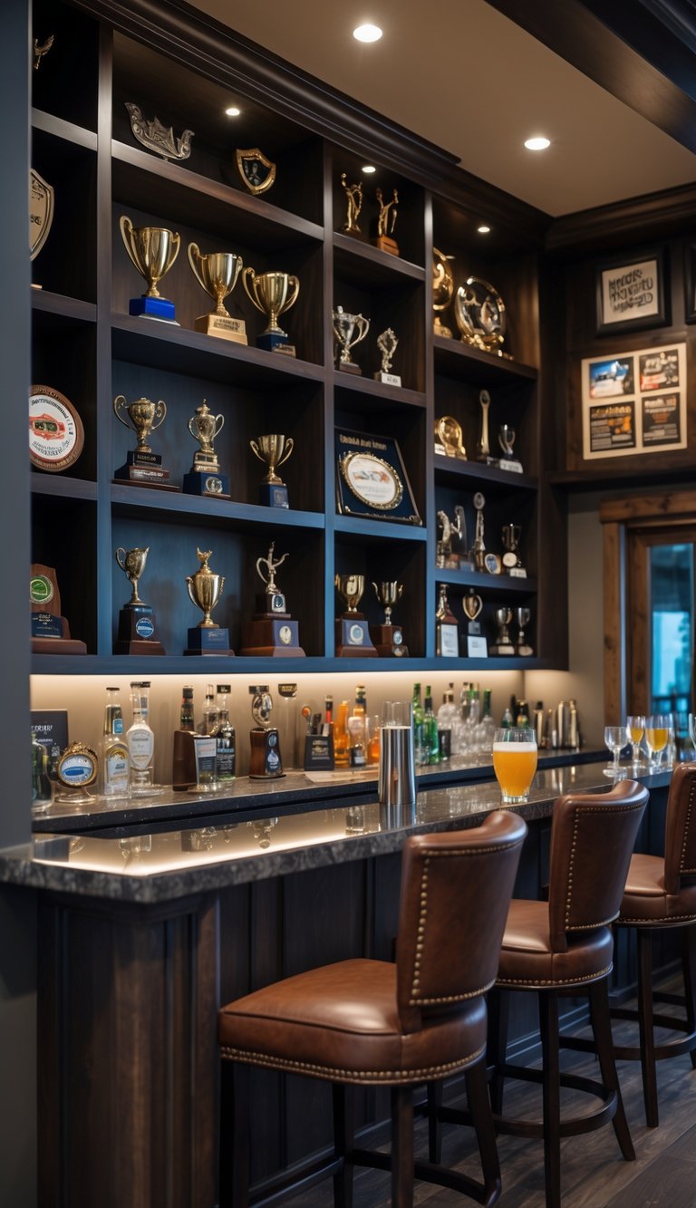 A man cave bar area with custom shelves displaying trophies and sports memorabilia, leather bar stools, and a polished bar counter.