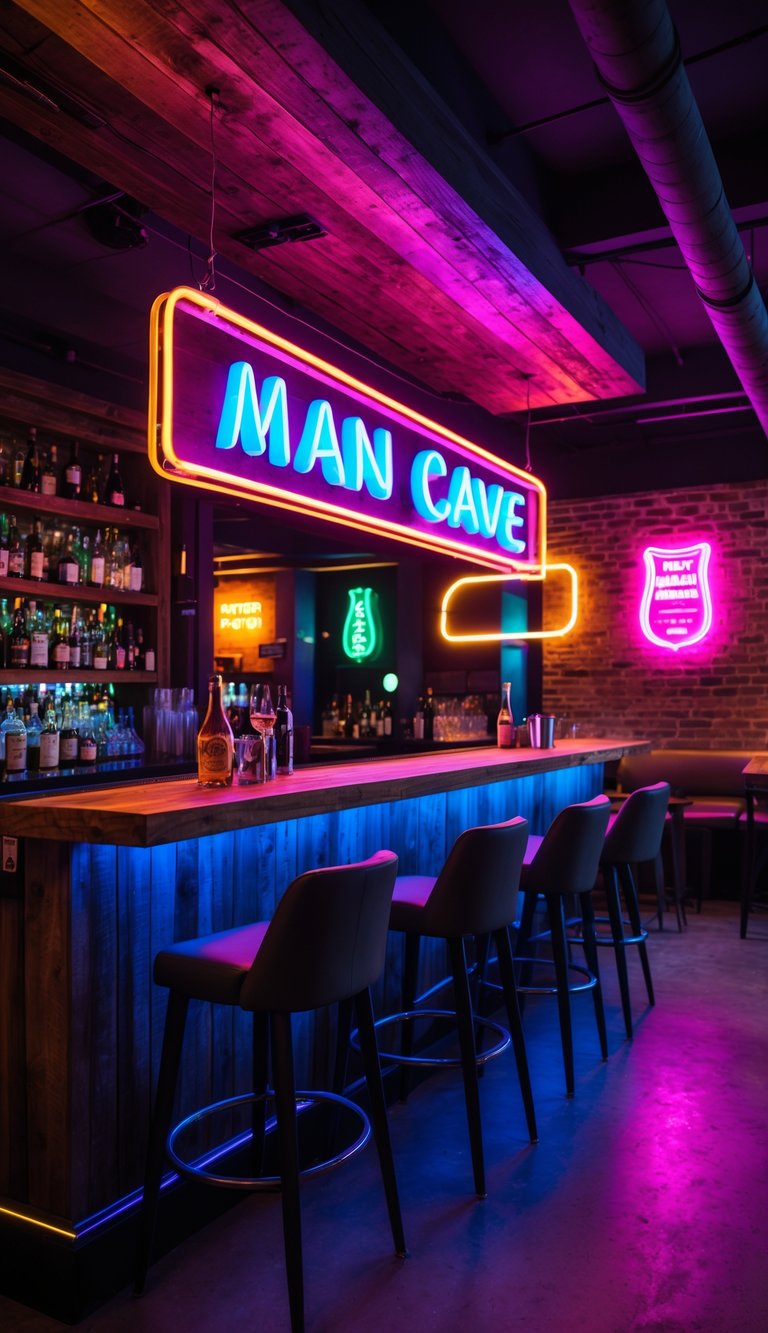 Interior of a man cave bar with neon lighting, wooden accents, bar stools, and seating areas.