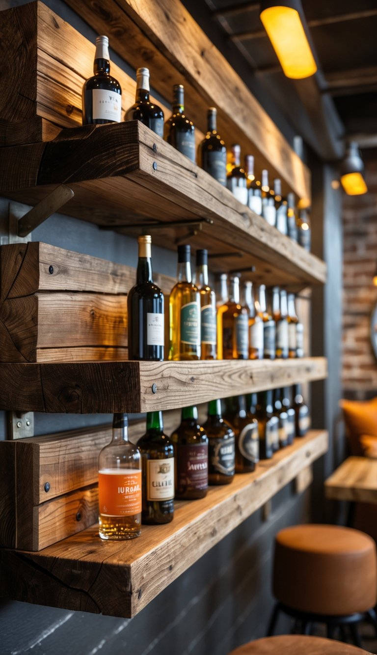 Reclaimed wood shelves holding various bottles in a cozy man cave bar setting.