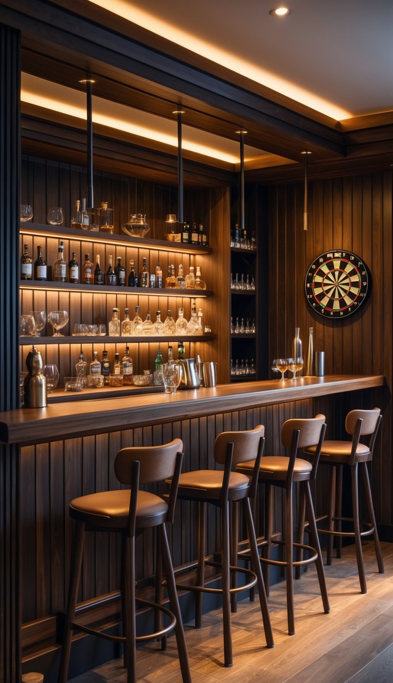 A man cave bar with a wooden counter, bar stools, shelves with bottles, and a dartboard on the wall.