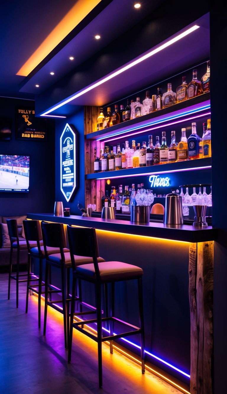 A modern man cave bar with colorful LED lights under the counter, bar stools, shelves with bottles, and a TV on the wall.