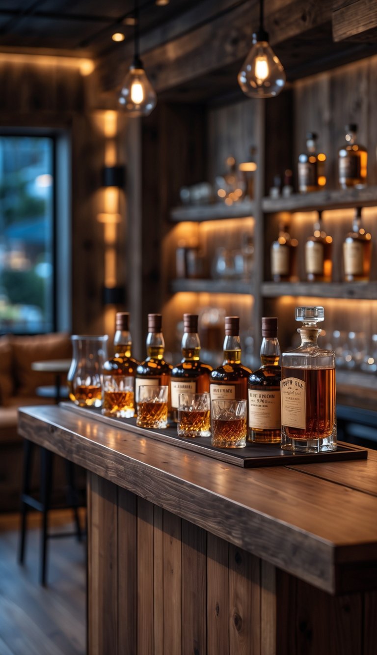 A compact whiskey tasting station with bottles, glasses, and a decanter on a wooden bar counter in a cozy man cave setting.