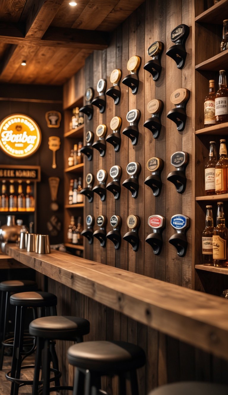Interior of a man cave bar with wall-mounted bottle openers displayed on a wooden wall and a bar counter with stools.