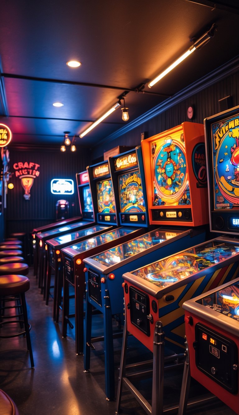 A man cave bar area with vintage pinball machines, leather bar stools, a wooden bar counter, and warm ambient lighting.