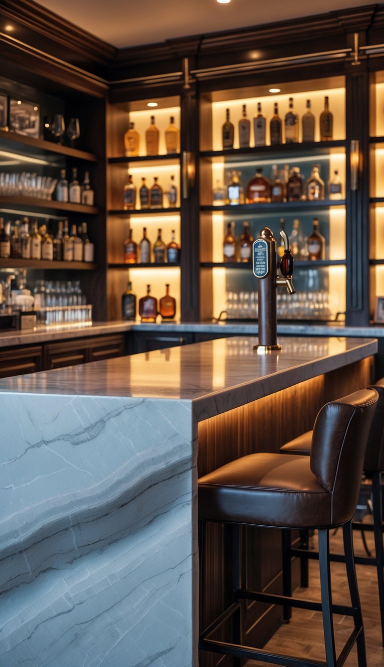 A marble countertop bar in a man cave with bar stools, liquor bottles on shelves, and leather seating nearby.
