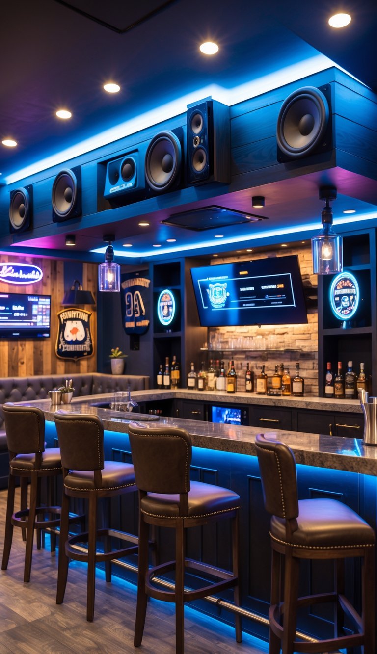 Interior of a modern man cave bar with a built-in surround sound system, leather seating, and a stocked bar area.