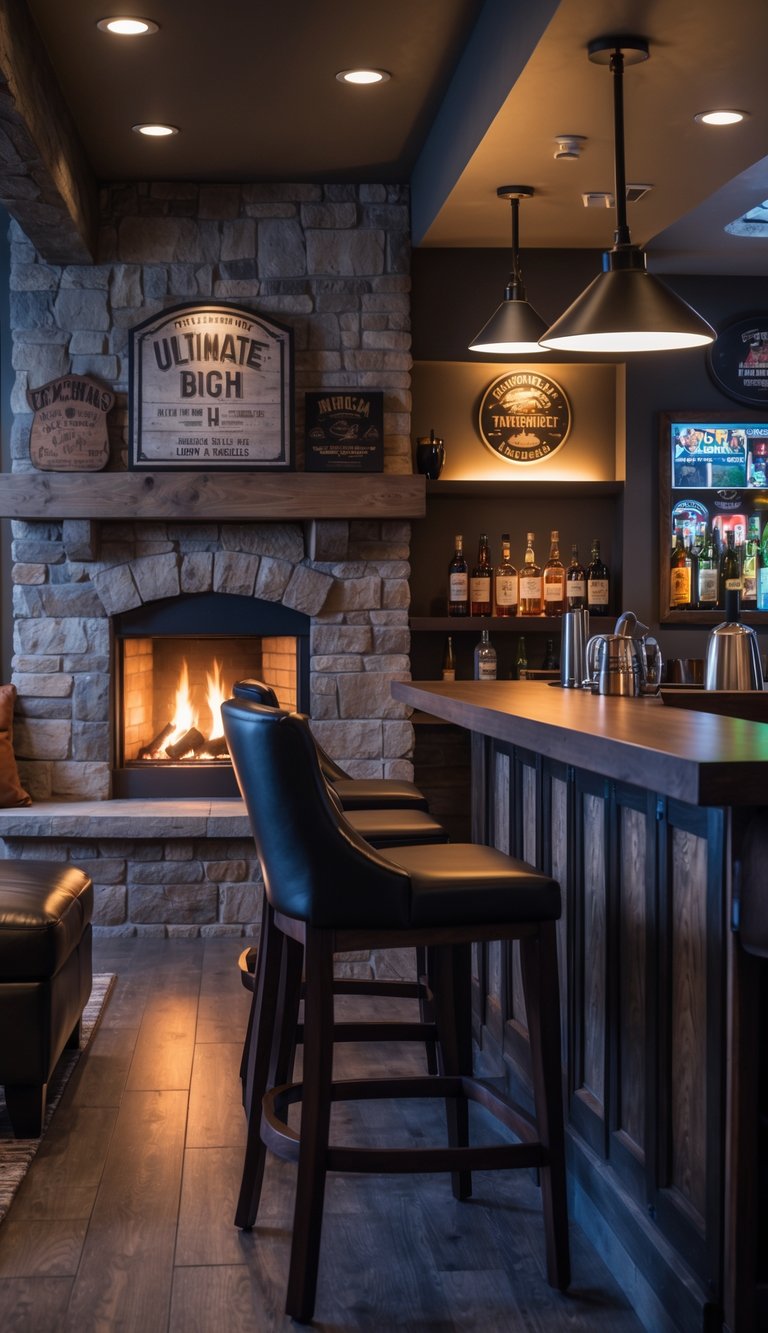 A cozy man cave bar with a warm fireplace next to a wooden bar counter and leather seating.