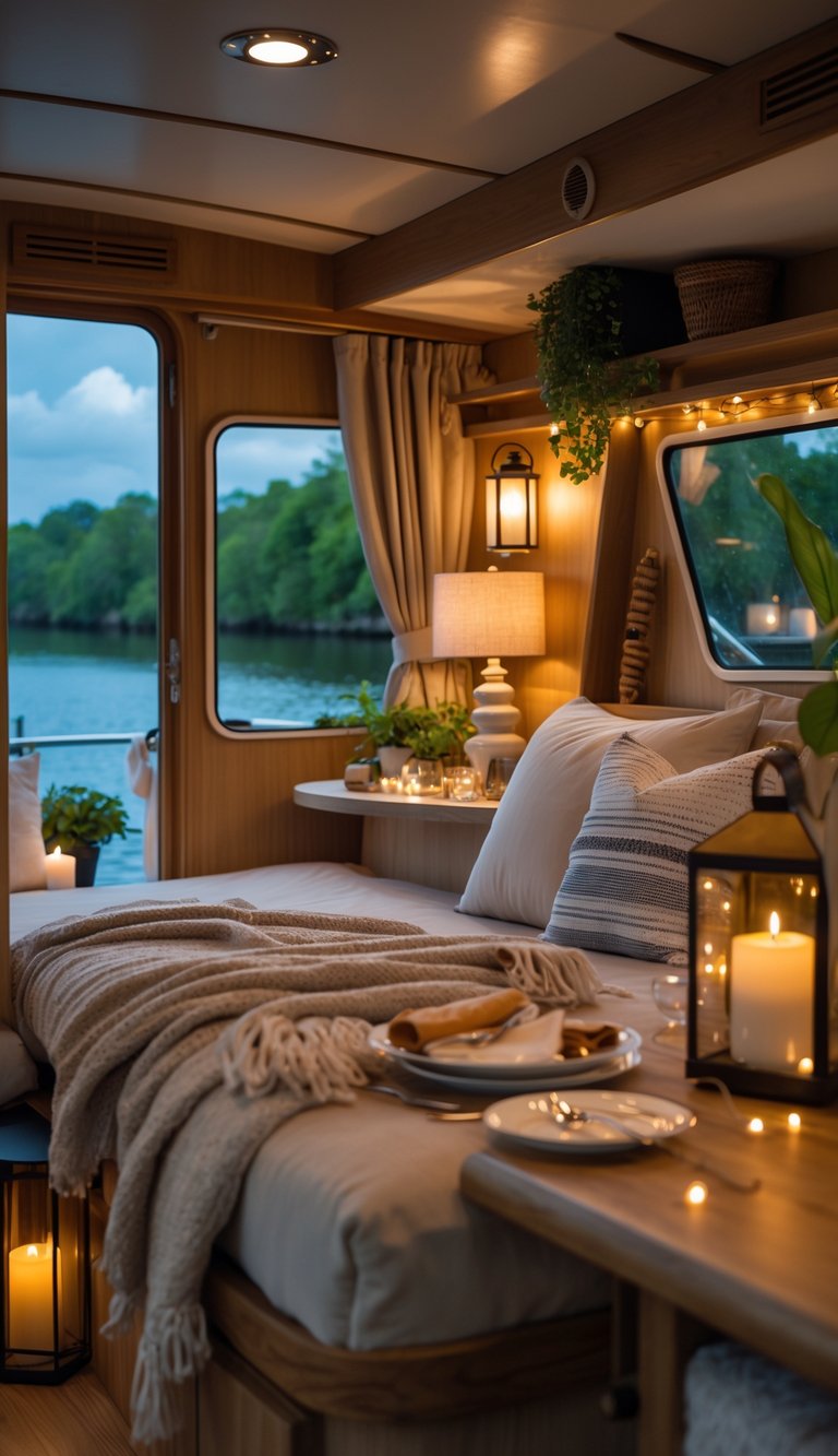 A cozy houseboat interior with a double bed near large windows overlooking water, a small candlelit dining table for two, wooden finishes, and plants.
