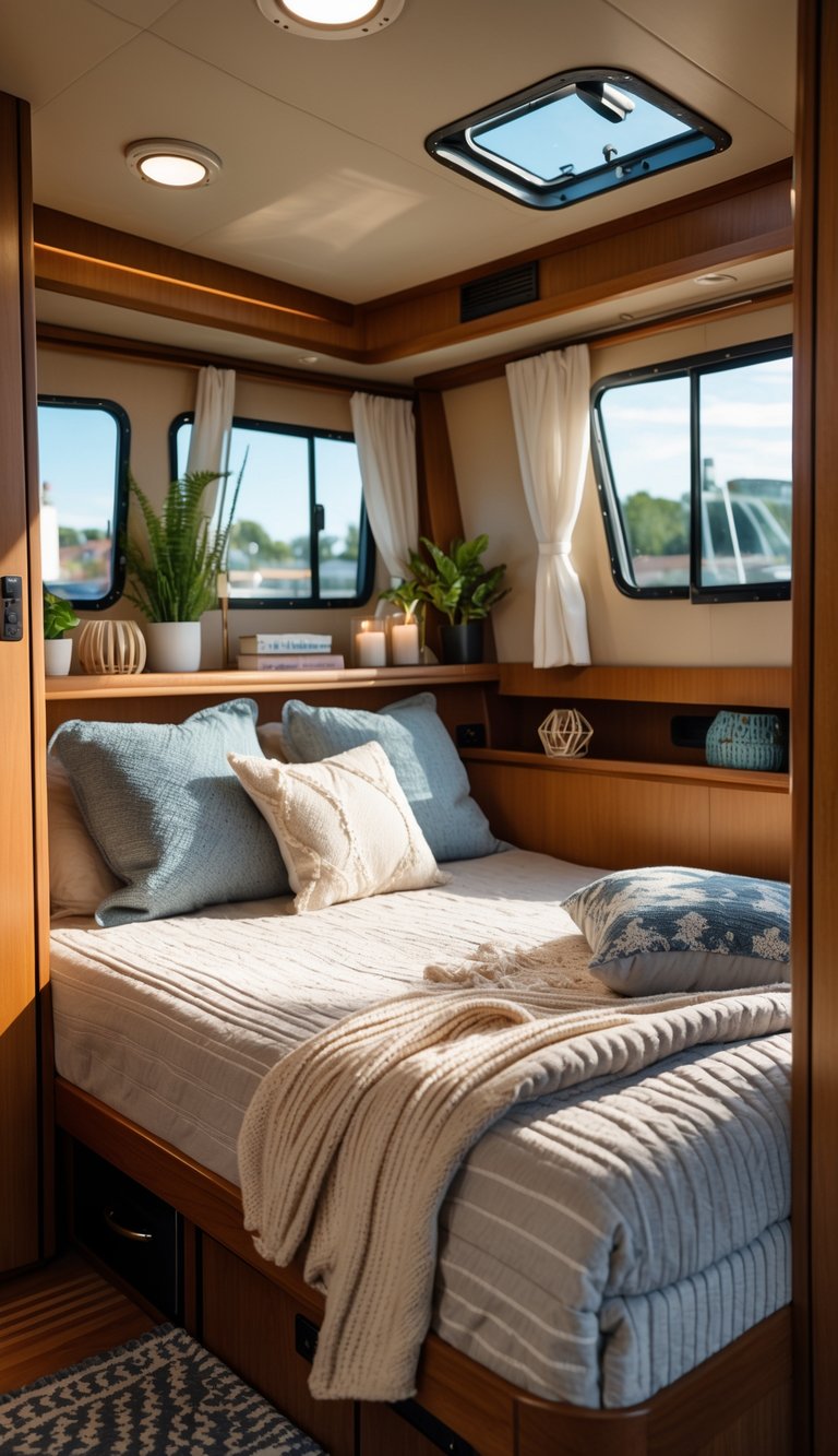 Interior of a houseboat with a Murphy bed folded down, featuring plush bedding and warm wooden walls.