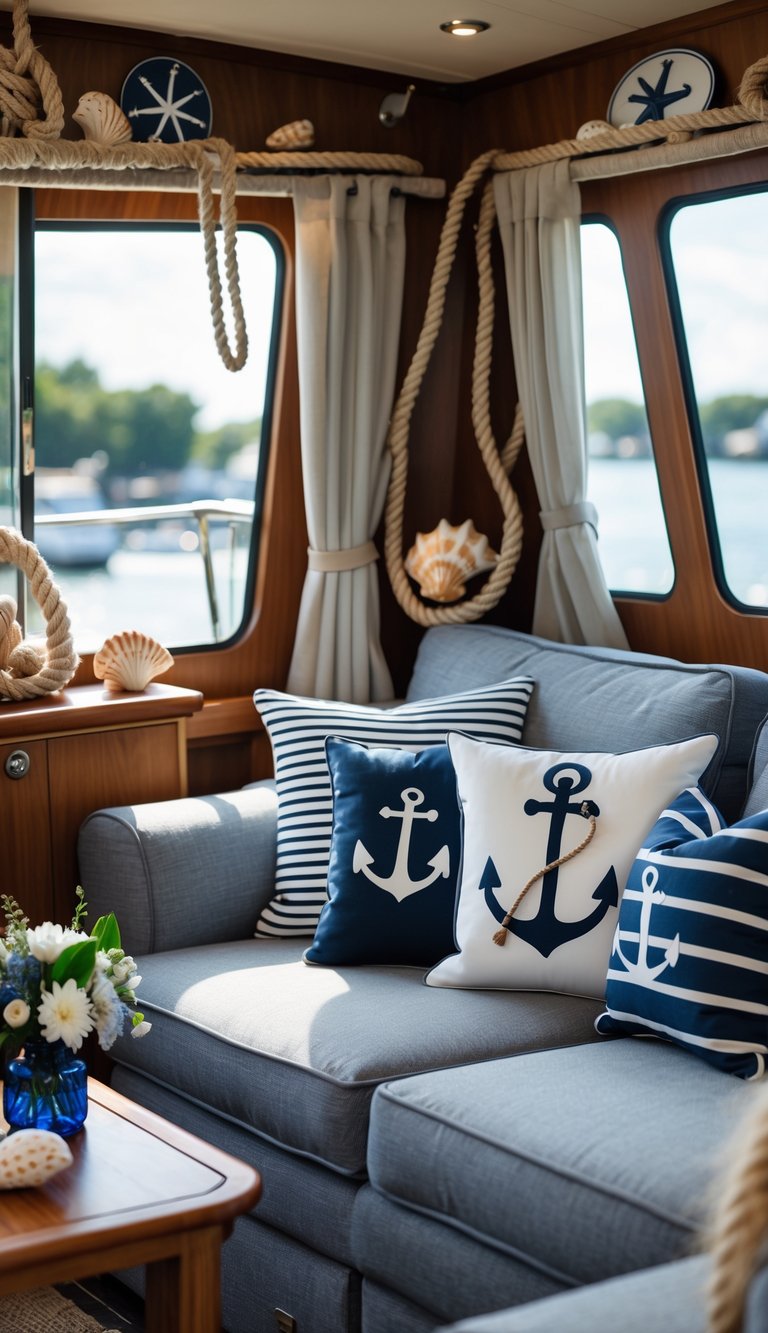 Interior of a houseboat with nautical-themed throw pillows on a sofa and wooden decor, creating a cozy and romantic atmosphere.