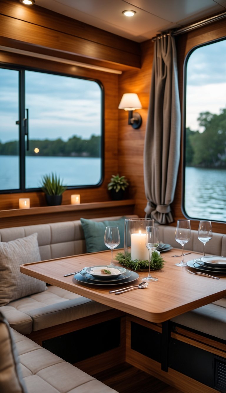 Cozy houseboat interior with a wall-mounted foldable dining table, built-in seating, and large windows showing water outside.