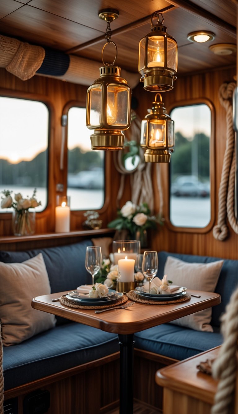Cozy houseboat interior with vintage brass lanterns hanging above a small dining table set for two, surrounded by wooden walls and soft natural light.