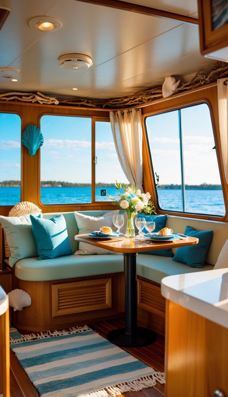 Interior of a cozy houseboat with large windows overlooking calm water, featuring a small dining table set for two and ocean-themed decor.