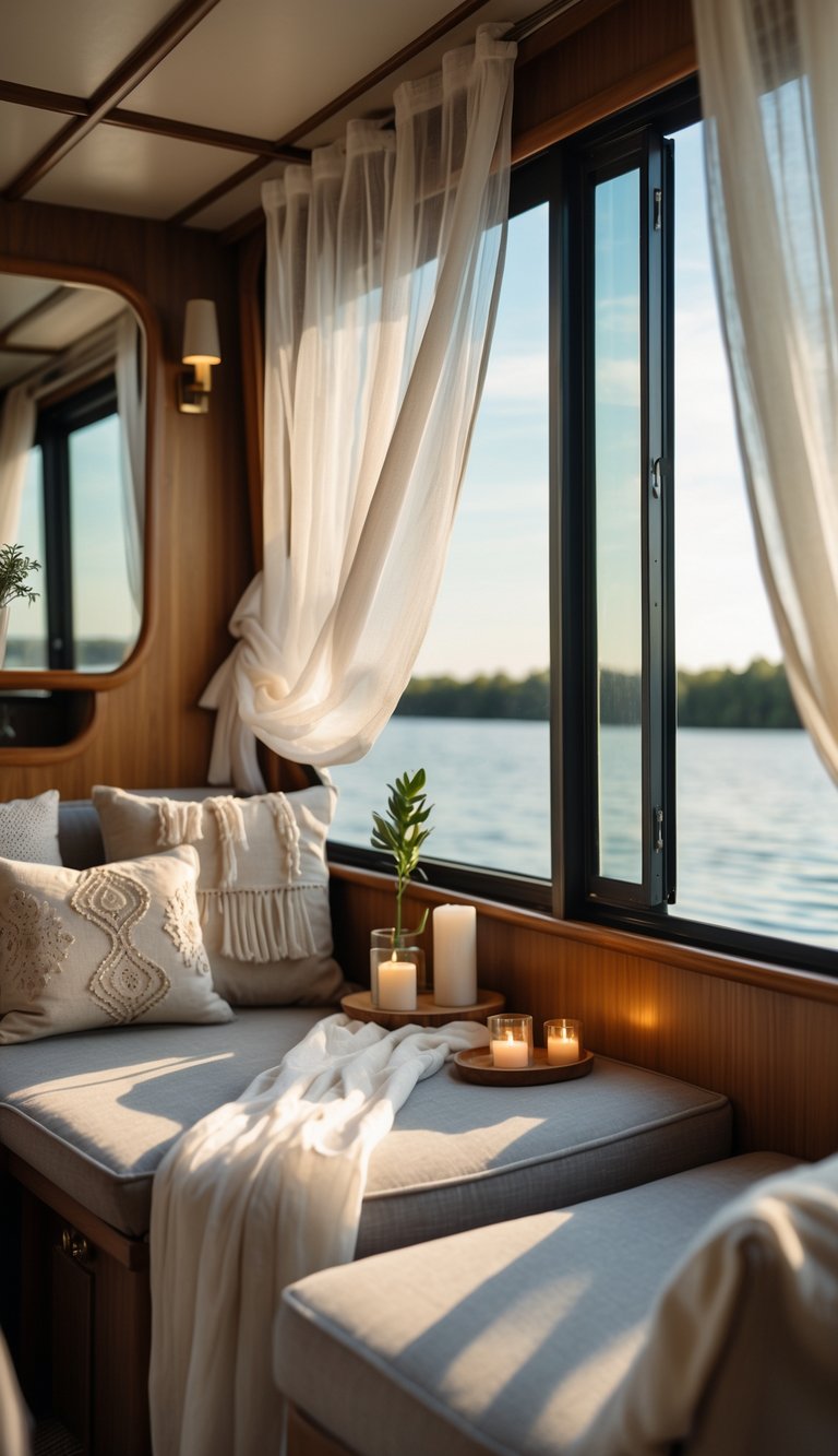 Cozy houseboat interior with sheer white curtains flowing by a large window overlooking calm water.
